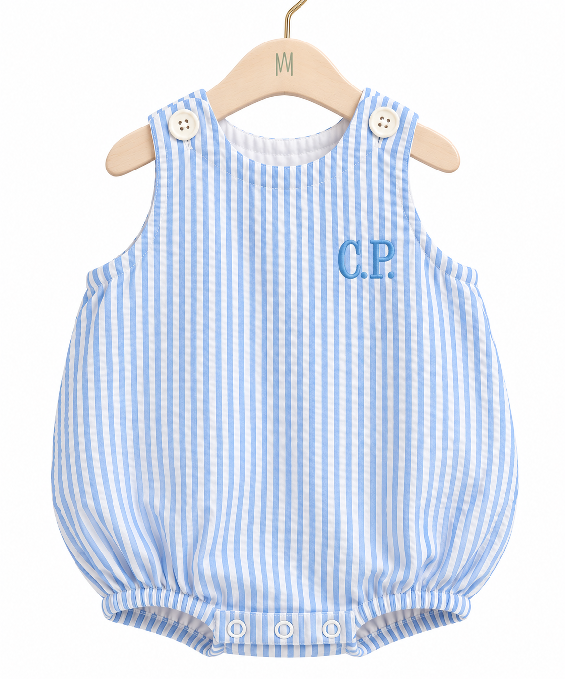 Personalized seersucker baby bubble romper with embroidered initials, view 2