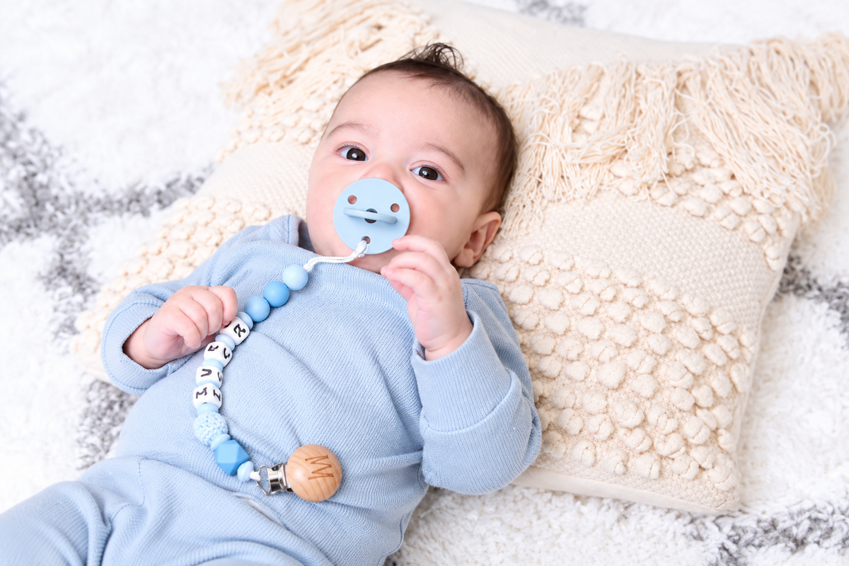 Magnolia personalized pacifier clip with silicone beads and wooden clip, view 5