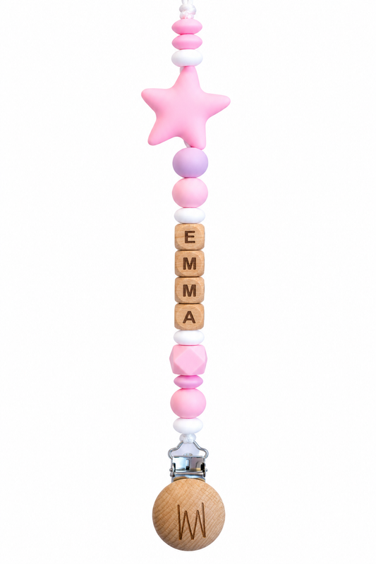 Acacia personalized pacifier clip with star accent and wooden letters, view 2