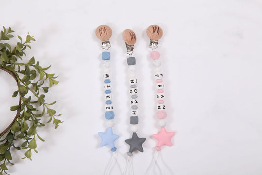 Birch personalized silicone pacifier clip with baby name and charm, view 2