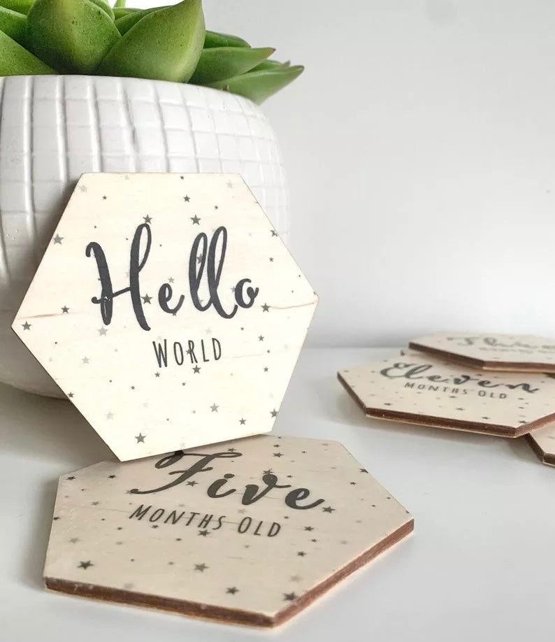 Wooden monthly milestone hexagons for baby photos, view 7