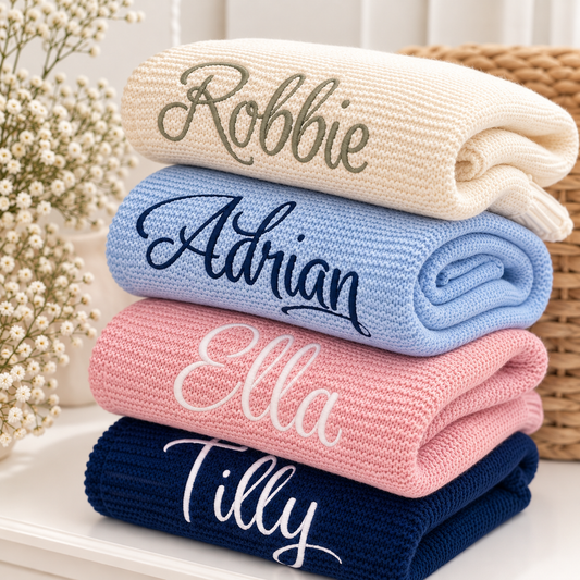 Personalized knit baby blanket with embroidered name