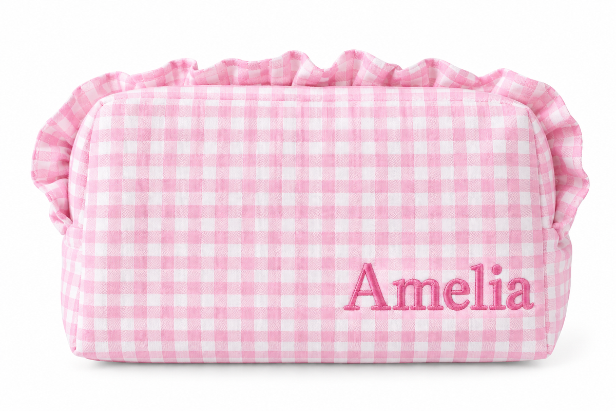 Personalized gingham ruffle pouch with embroidered name