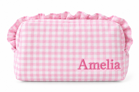 Personalized gingham ruffle pouch with embroidered name