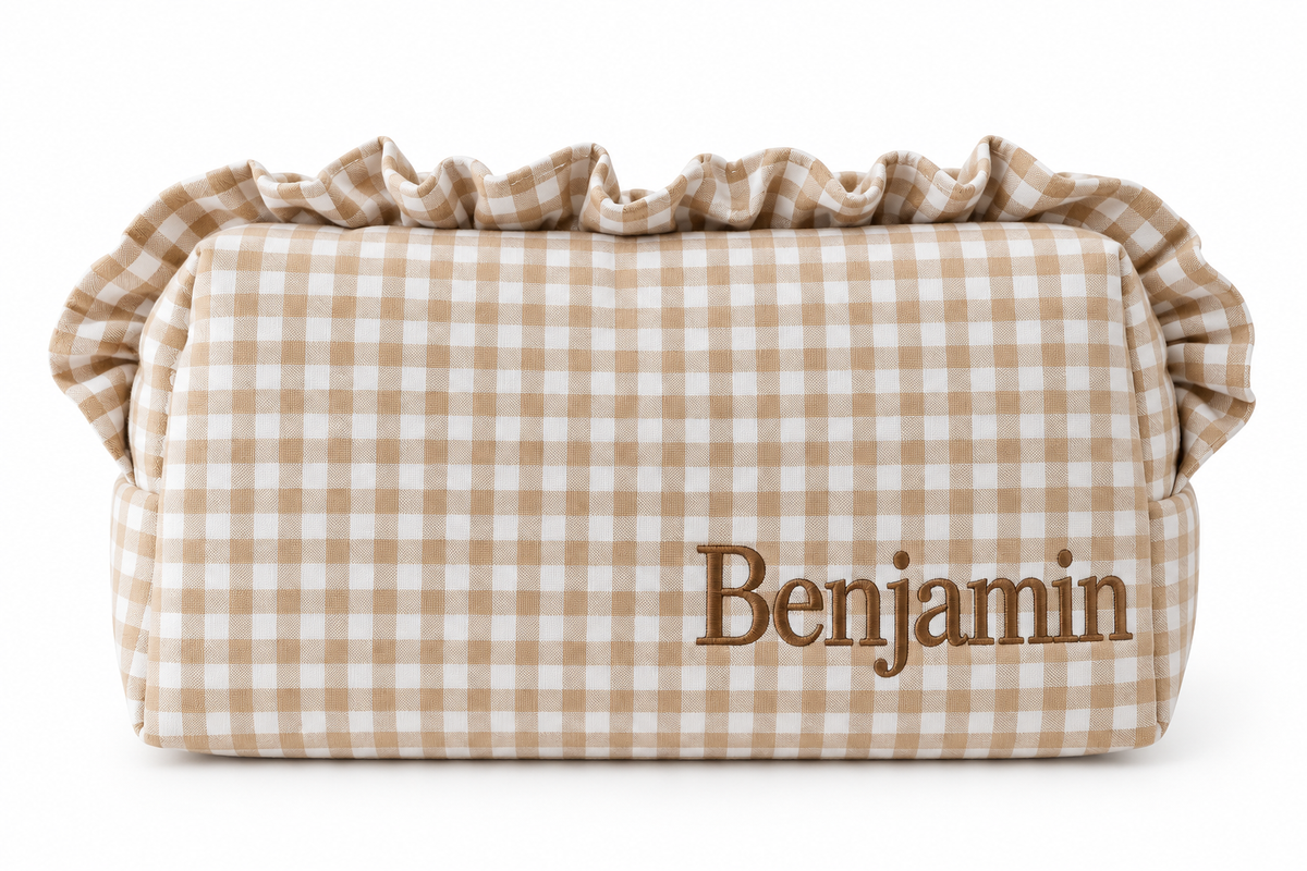 Personalized gingham ruffle pouch with embroidered name, view 4