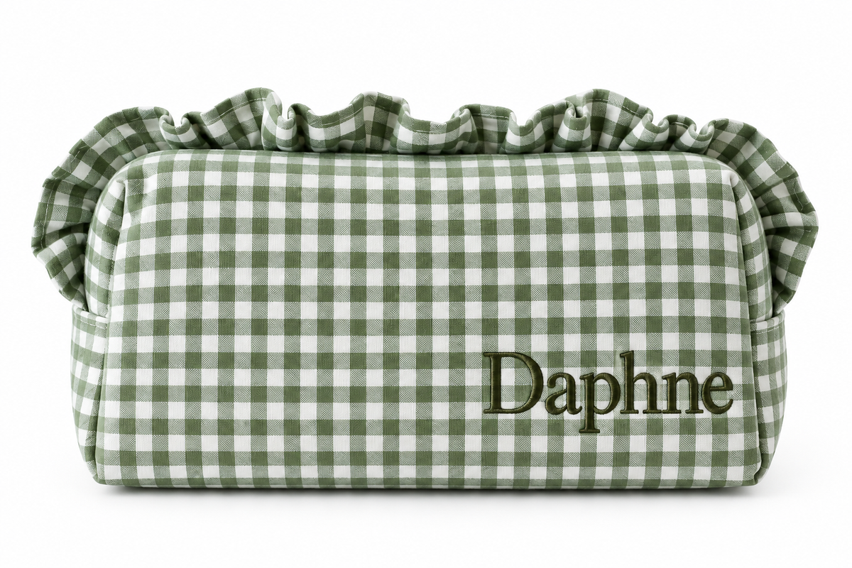 Personalized gingham ruffle pouch with embroidered name, view 3