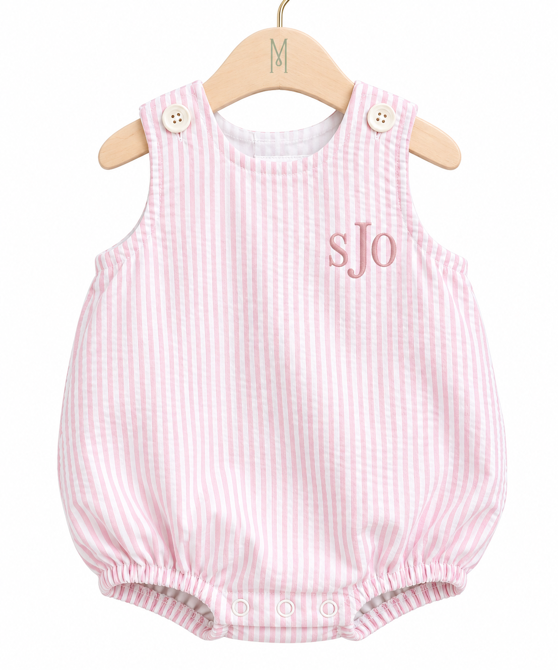 Personalized seersucker baby bubble romper with embroidered initials