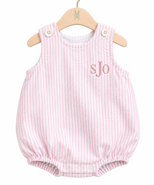 Personalized seersucker baby bubble romper with embroidered initials