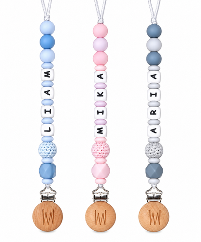 Magnolia personalized pacifier clip with silicone beads and wooden clip