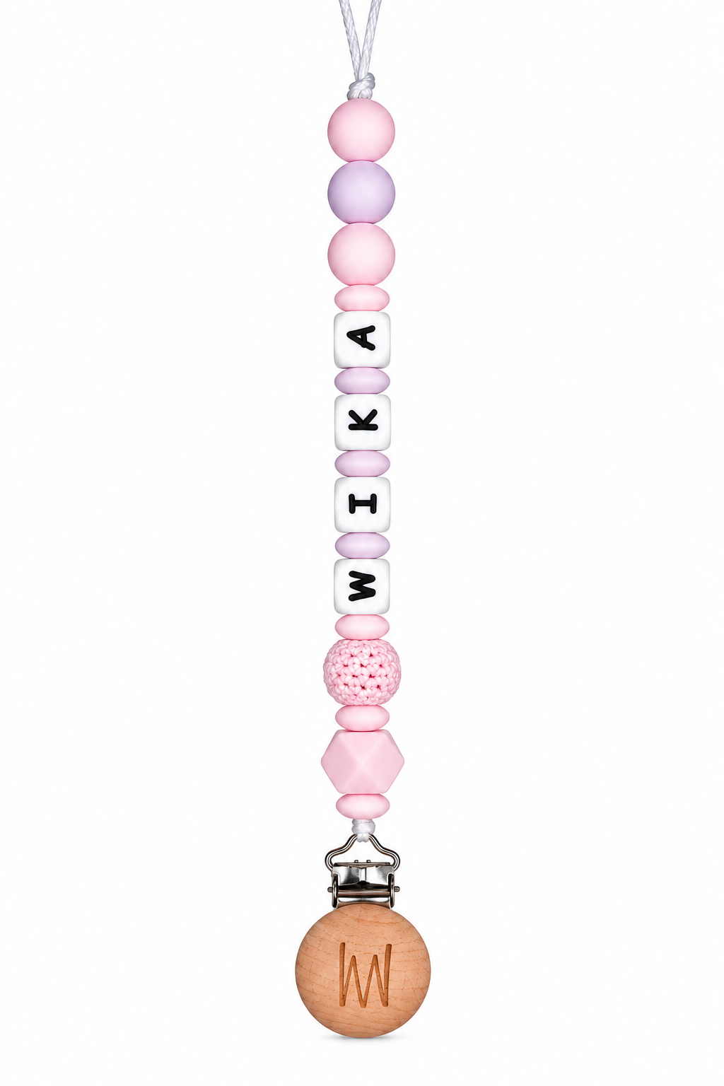 Magnolia personalized pacifier clip with silicone beads and wooden clip, view 2