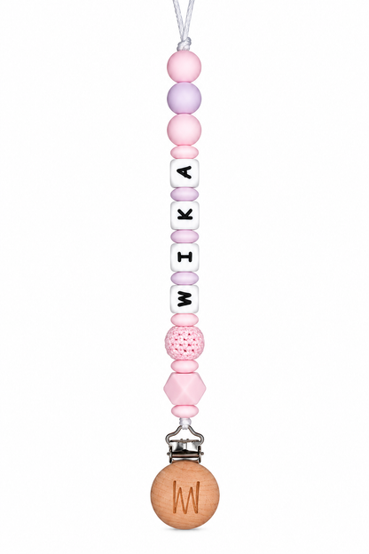 Magnolia personalized pacifier clip with silicone beads and wooden clip, view 2
