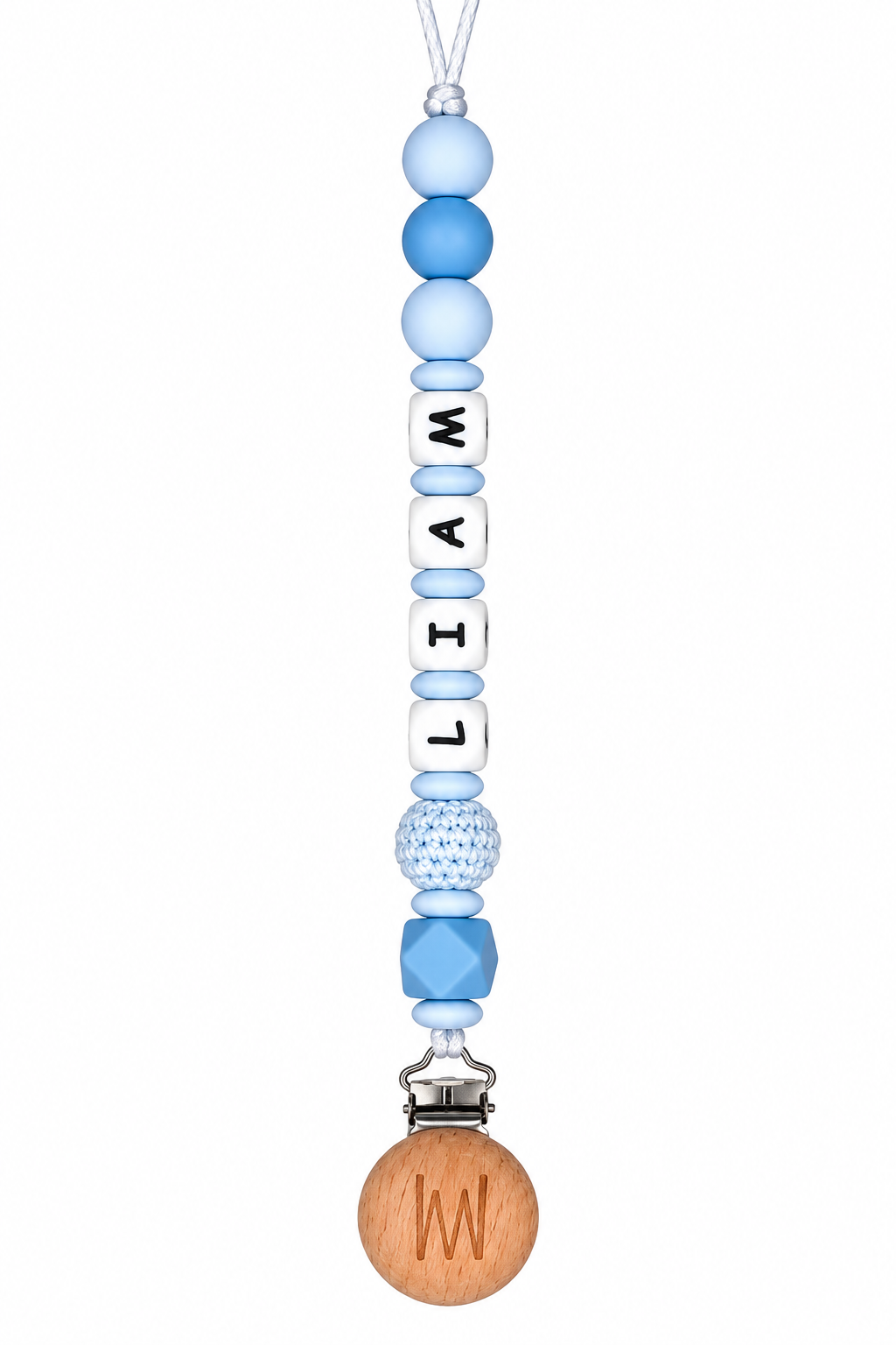 Magnolia personalized pacifier clip with silicone beads and wooden clip, view 3
