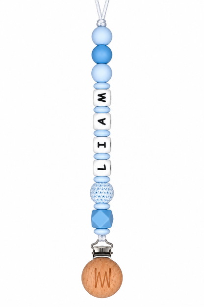 Magnolia personalized pacifier clip with silicone beads and wooden clip, view 3