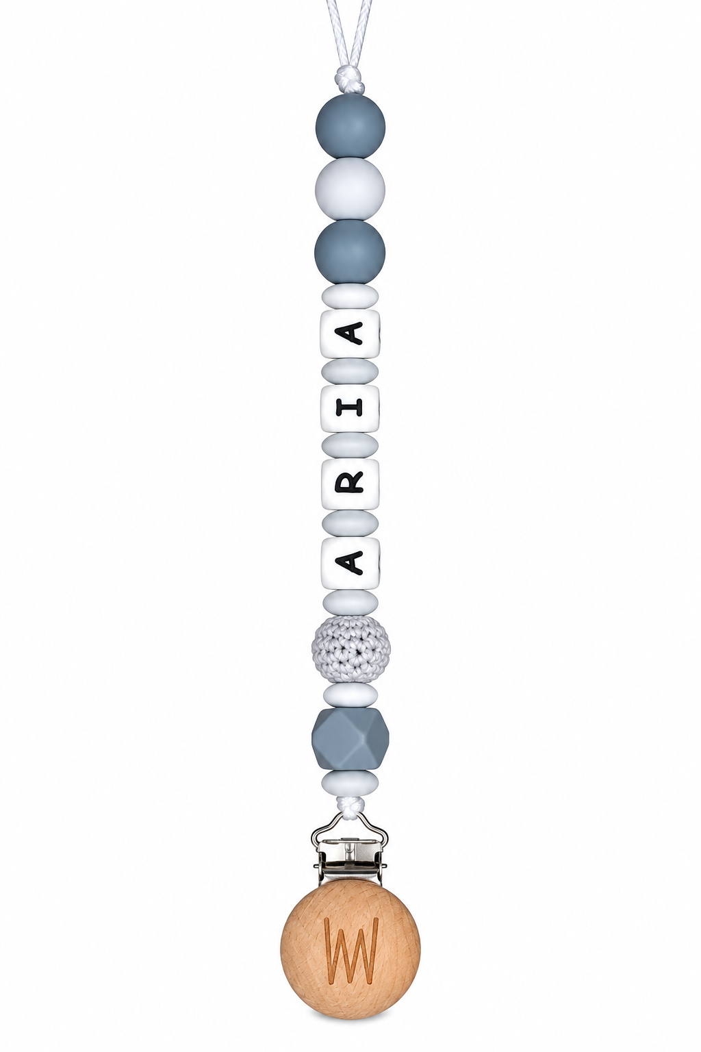 Magnolia personalized pacifier clip with silicone beads and wooden clip, view 4
