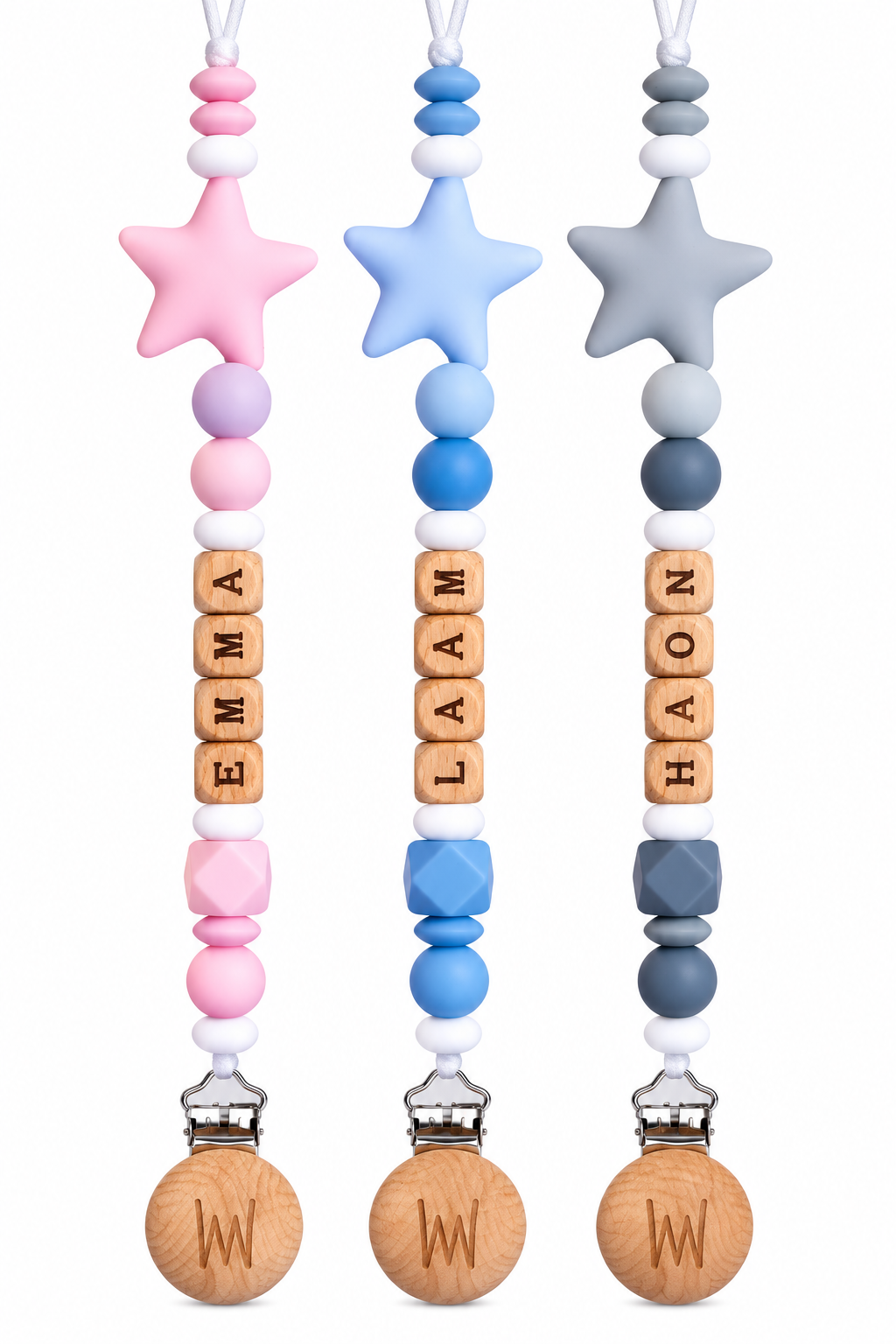 Acacia personalized pacifier clip with star accent and wooden letters
