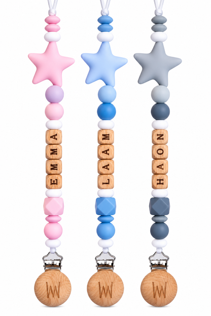 Acacia personalized pacifier clip with star accent and wooden letters
