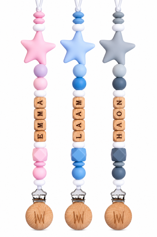 Acacia personalized pacifier clip with star accent and wooden letters