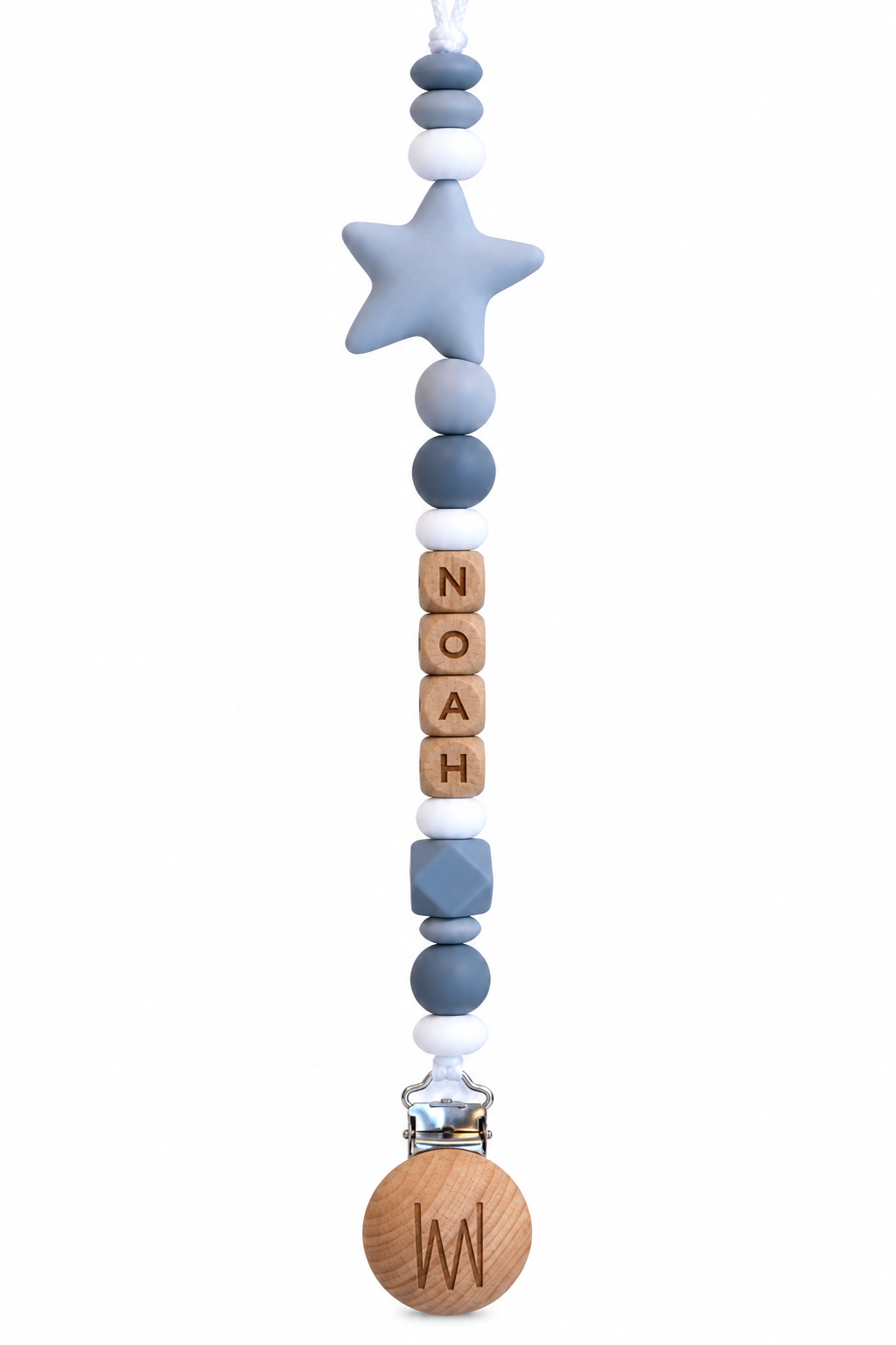 Acacia personalized pacifier clip with star accent and wooden letters, view 4