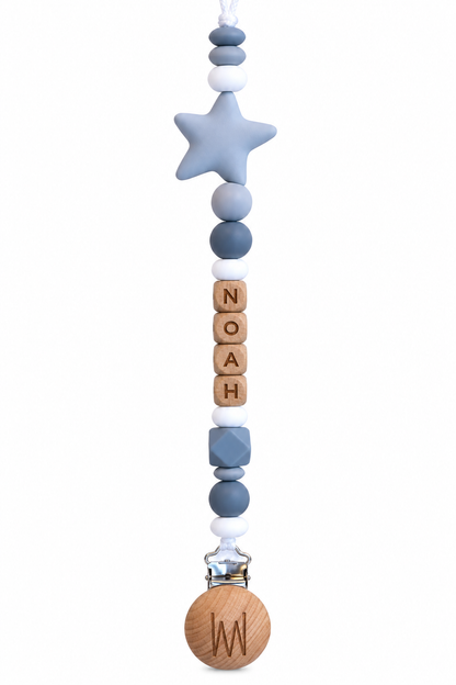 Acacia personalized pacifier clip with star accent and wooden letters, view 4