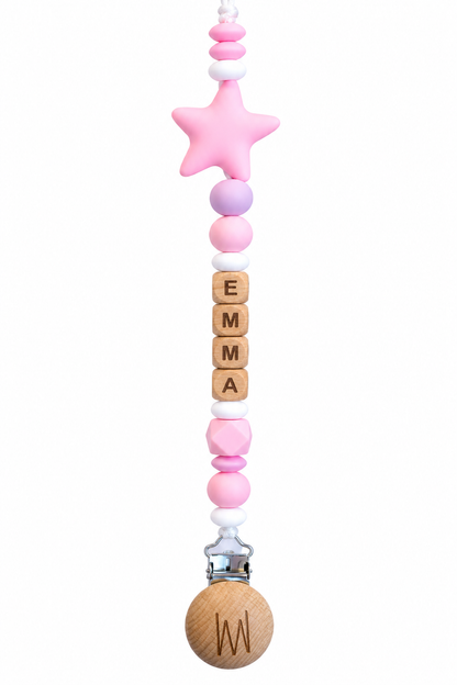 Acacia personalized pacifier clip with star accent and wooden letters, view 2