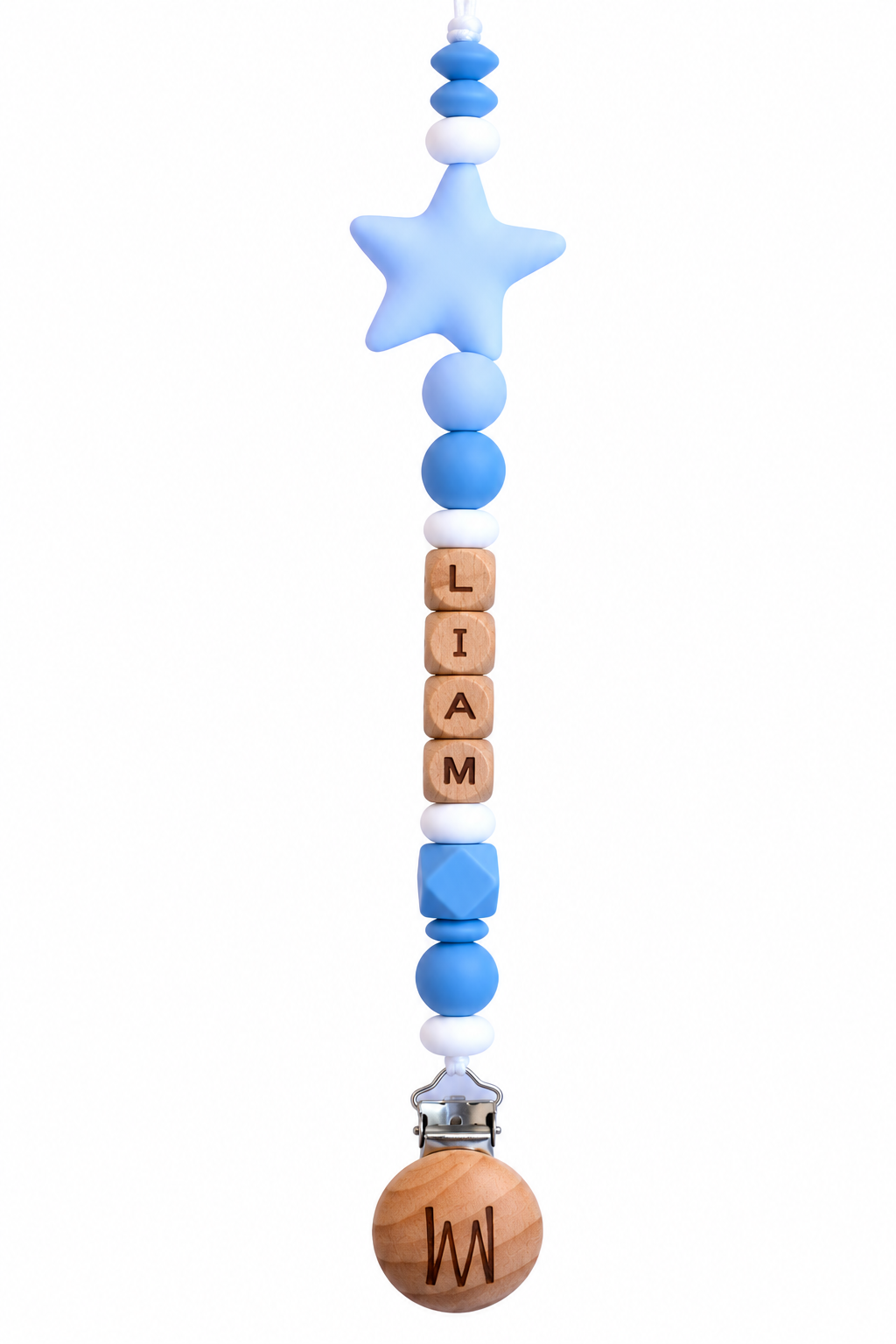 Acacia personalized pacifier clip with star accent and wooden letters, view 3