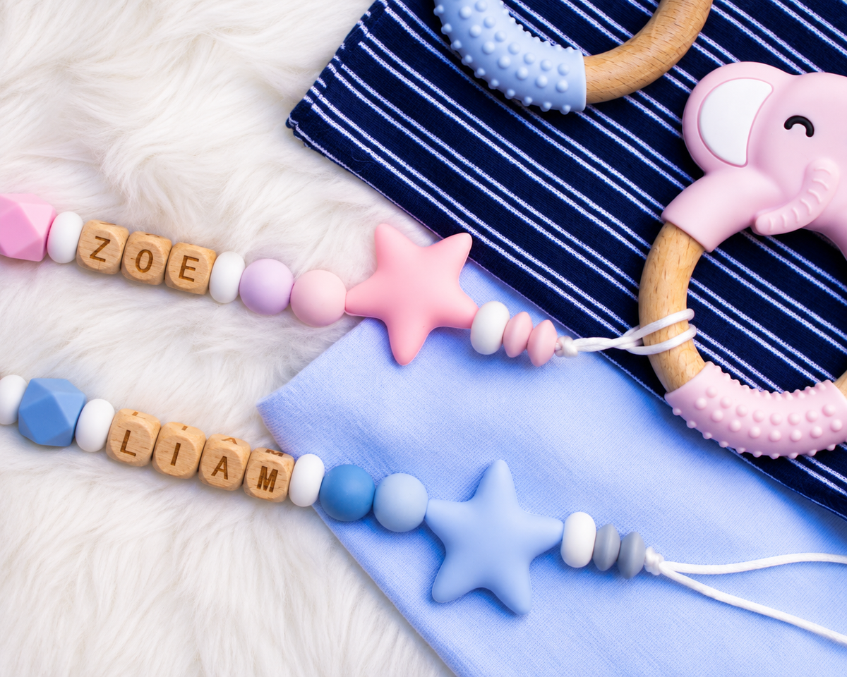 Acacia personalized pacifier clip with star accent and wooden letters, view 5