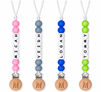 Shortie personalized silicone pacifier clip with baby name