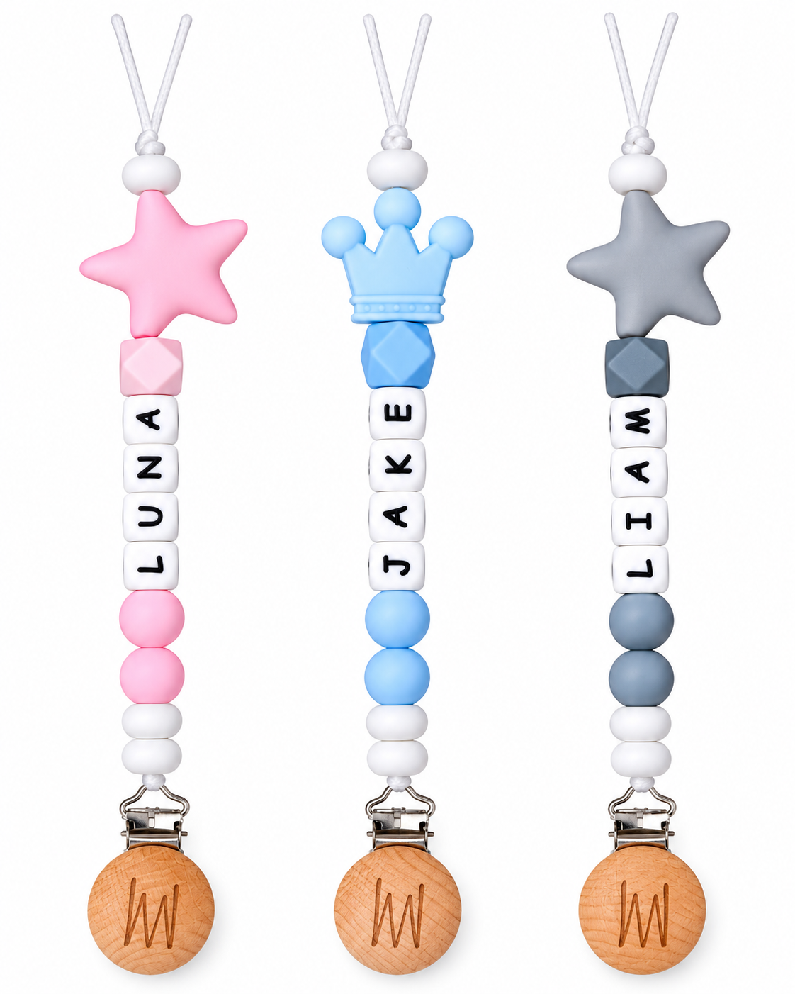 Pine personalized silicone pacifier clip with baby name and charm