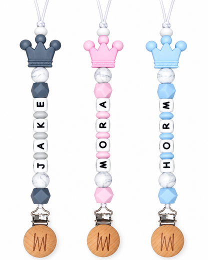Birch personalized silicone pacifier clip with baby name and charm
