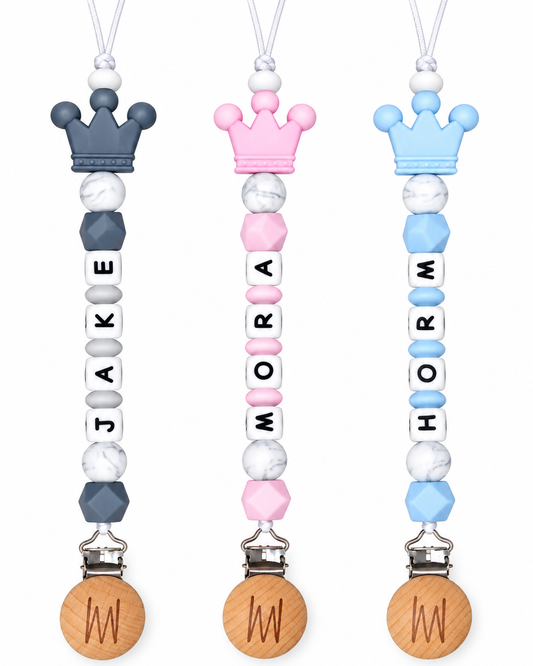 Birch personalized silicone pacifier clip with baby name and charm