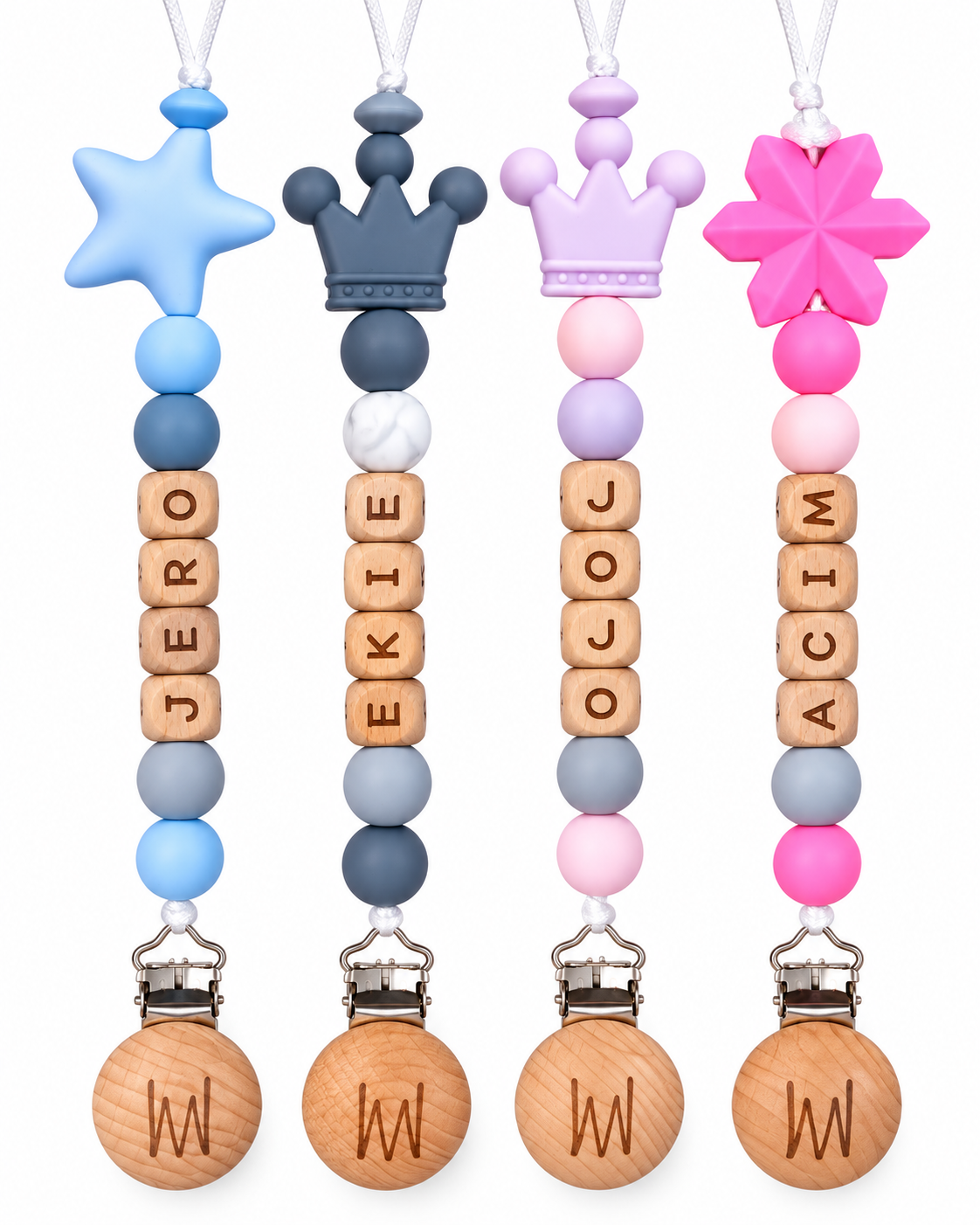 Cedar personalized wooden pacifier clip with baby name and charm
