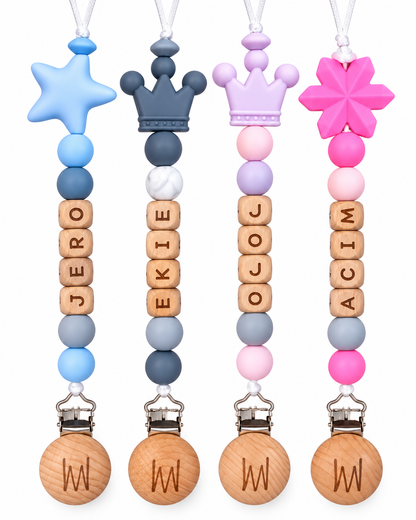 Cedar personalized wooden pacifier clip with baby name and charm