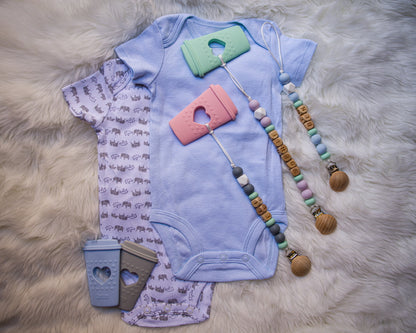 dummy clip with baby coffee cup teething relief