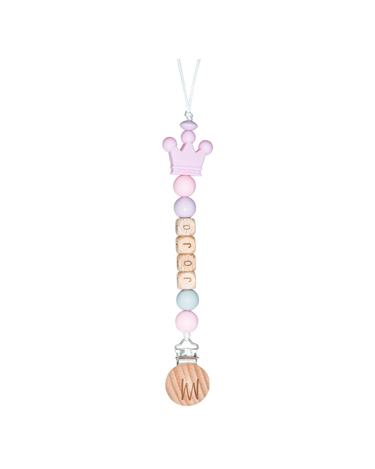 Cedar personalized wooden pacifier clip with baby name and charm, view 3