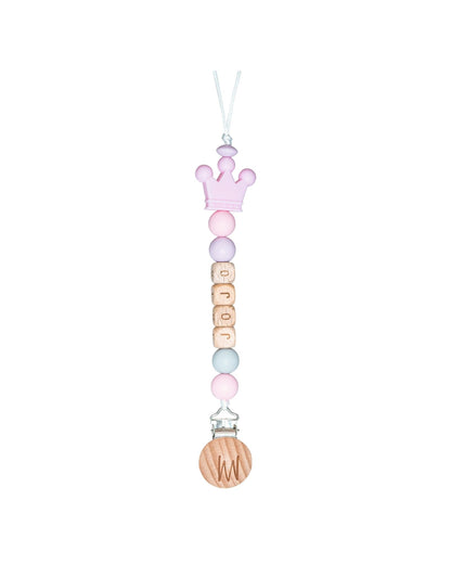 Cedar personalized wooden pacifier clip with baby name and charm, view 3