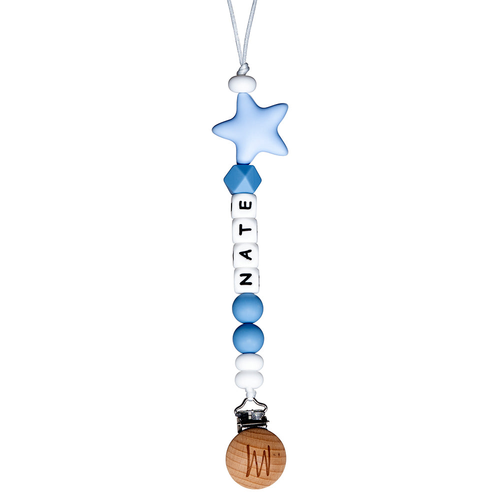 Pine personalized silicone pacifier clip with baby name and charm, view 3