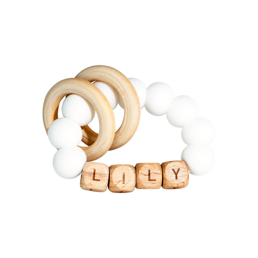 Personalized wooden beaded teething ring with baby name, view 9