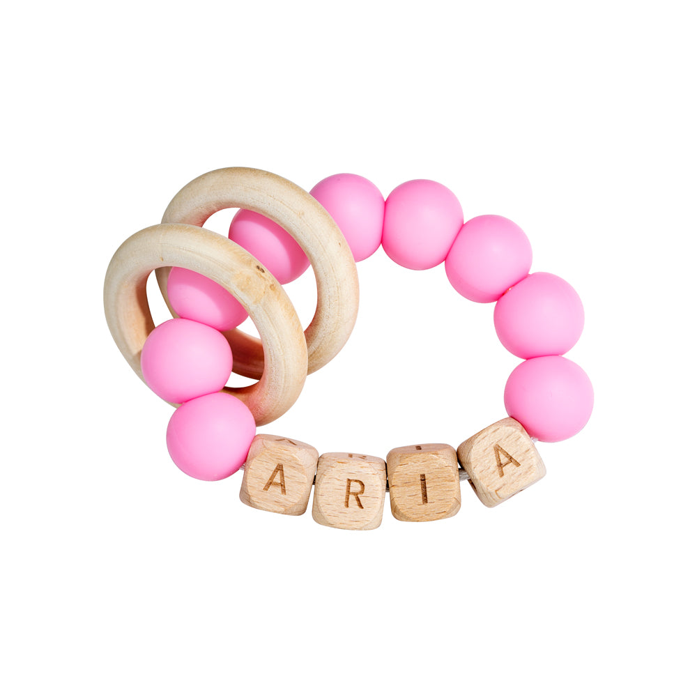 Personalized wooden beaded teething ring with baby name, view 19
