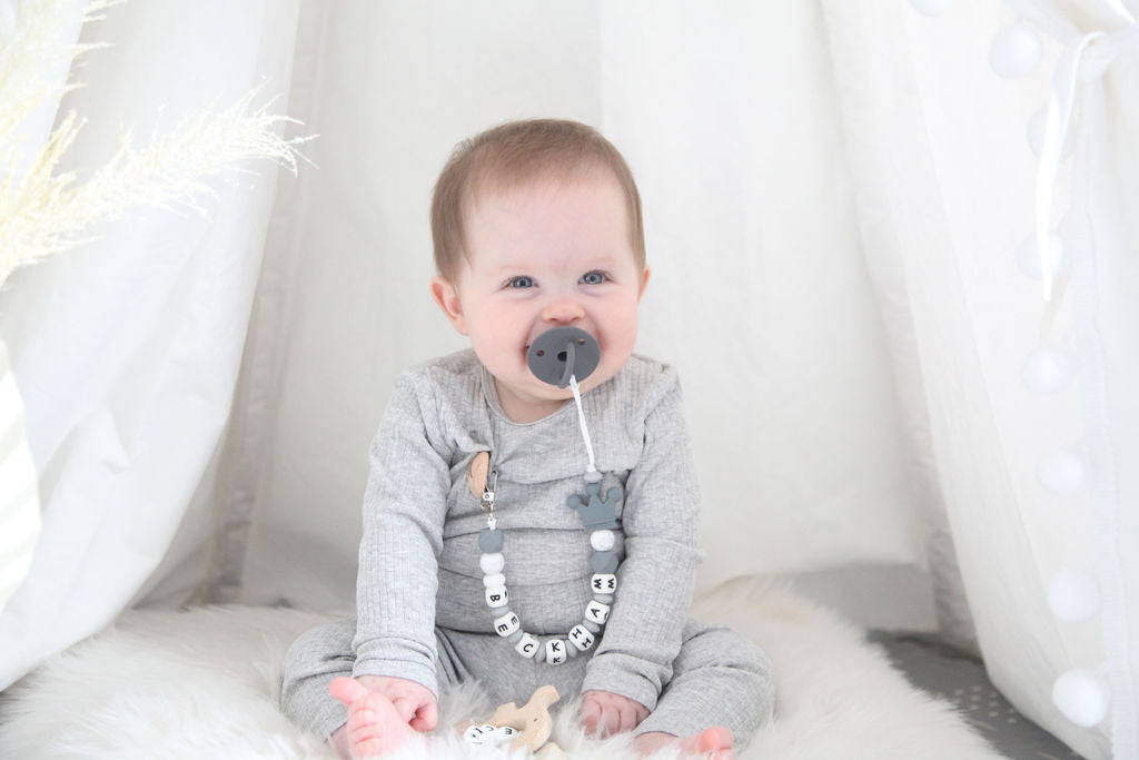 Birch personalized silicone pacifier clip with baby name and charm, view 4