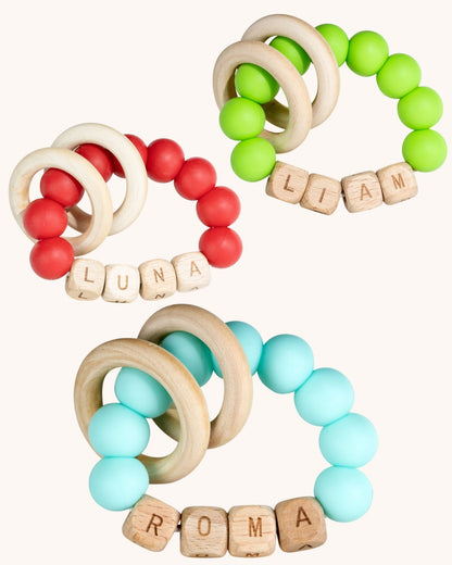 Personalized wooden beaded teething ring with baby name