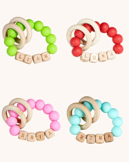 Personalized wooden beaded teething ring with baby name, view 2