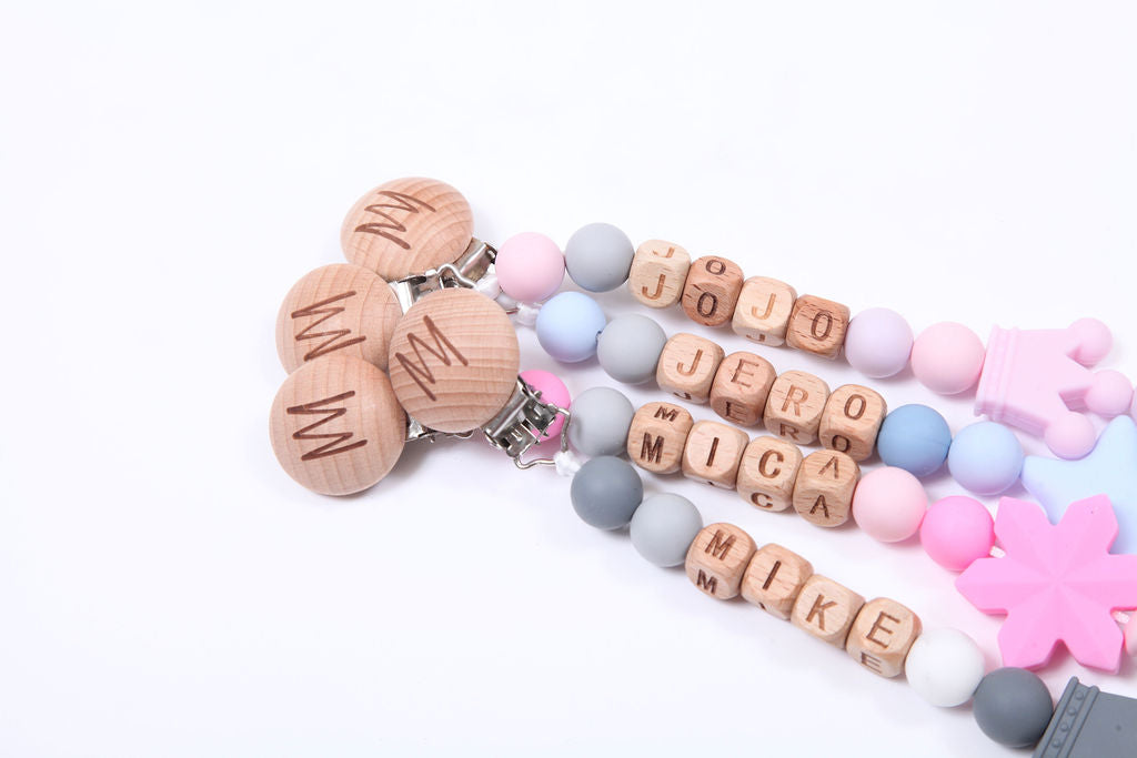 Cedar personalized wooden pacifier clip with baby name and charm, view 2