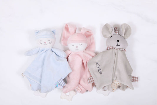 Personalized baby lovey security blanket with embroidered name