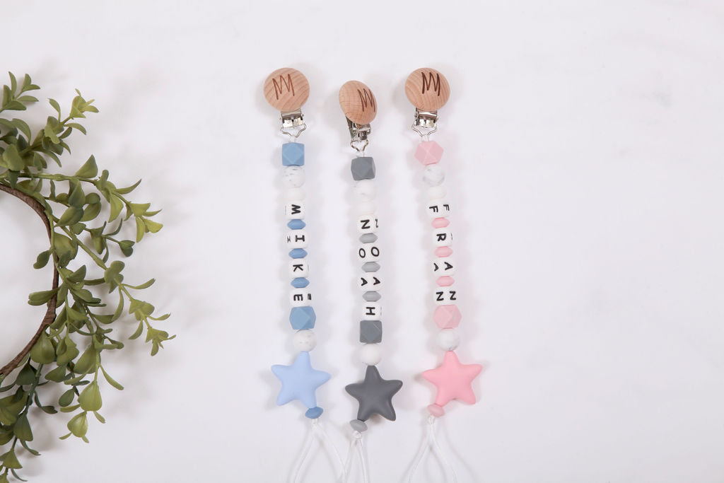 Birch personalized silicone pacifier clip with baby name and charm, view 2