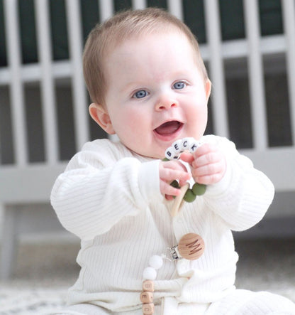 Personalized wooden beaded teething ring with baby name, view 3