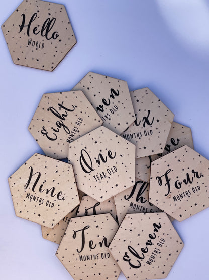 Wooden monthly milestone hexagons for baby photos, view 5