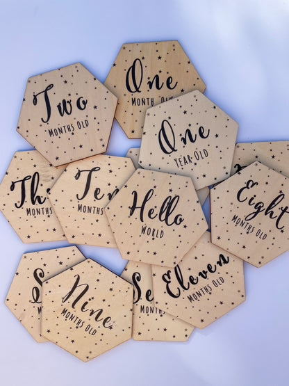 Wooden monthly milestone hexagons for baby photos, view 3